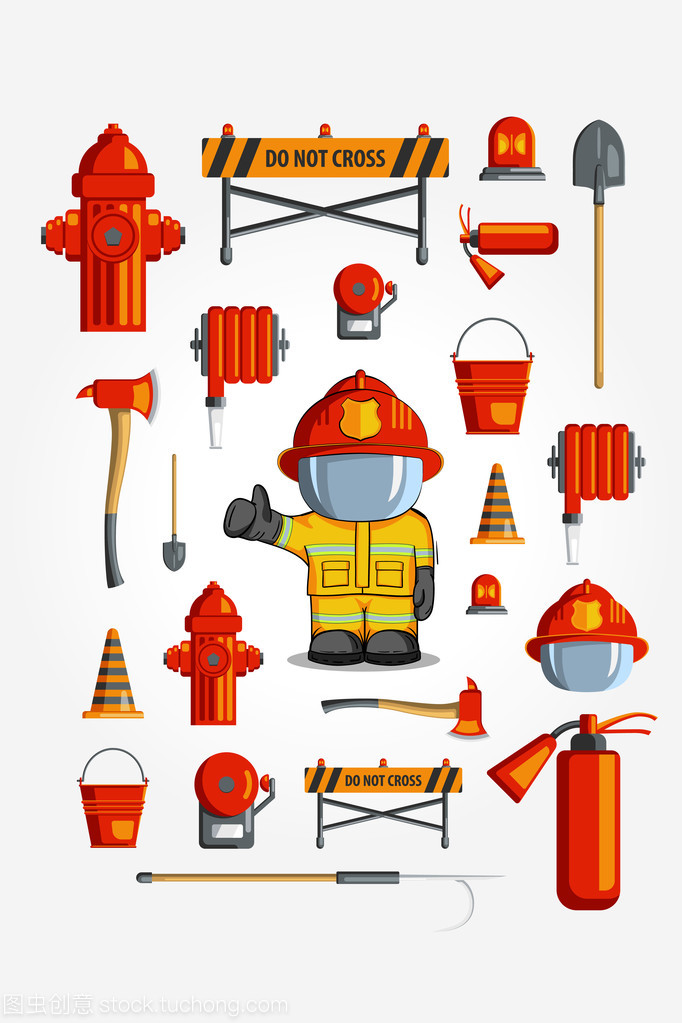 矢量彩色复古平图标集。图表的说明。消防设备和志愿者徽章